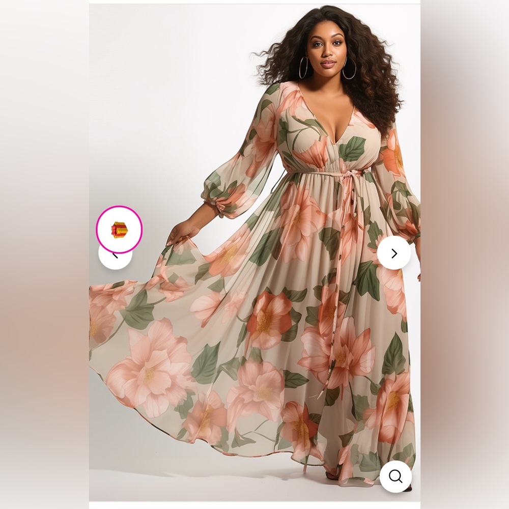 Multicolor Floral, V Neck, Lantern Sleeve Long Sleeve, Chiffon Maxi Dress, 3x